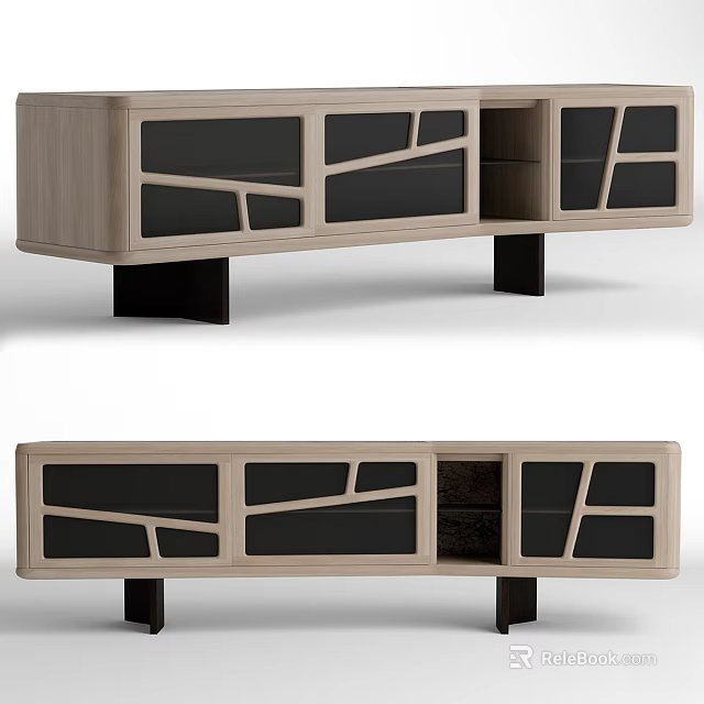 Modern Wooden TV Stand With Black Glass Doors And Storage Design 3d model 