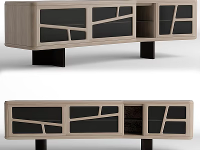 Modern Wooden TV Stand With Black Glass Doors And Storage Design 3d model