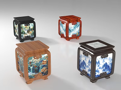 Four Traditional Chinese Wooden Stools with Various Colors and Landscape Patterns 3d model