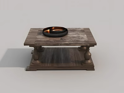Rustic Wooden Coffee Table With Fire Pit Center Wood Grain Surface And Lower Shelf 3d model