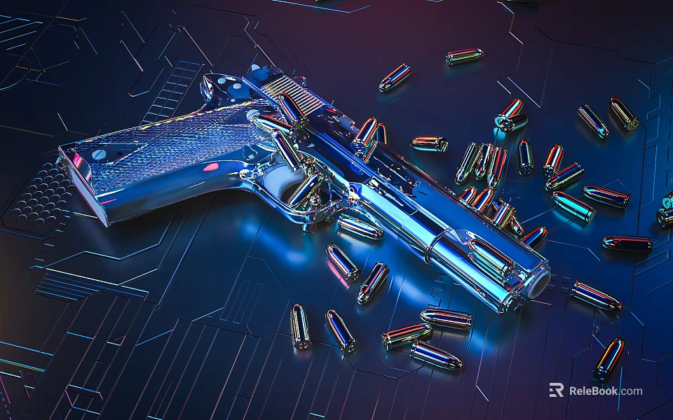 Blue Gun And Bullets Themed Ornament Decoration Set With Futuristic Tech Style Background 3d model 