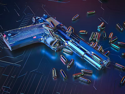 Blue Gun And Bullets Themed Ornament Decoration Set With Futuristic Tech Style Background 3d model
