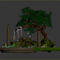Cartoon Scene Featuring Round Pond Green Grass Big Tree Stone Pillars And Lanterns