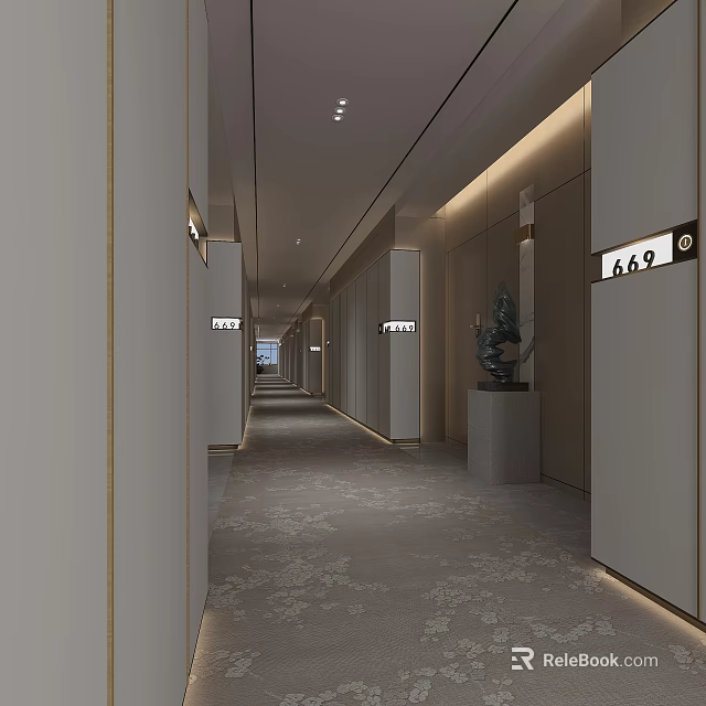 Modern Hotel Corridor Interior With Elegant Lighting Room Number Signs And Decorative Sculpture 3d model 
