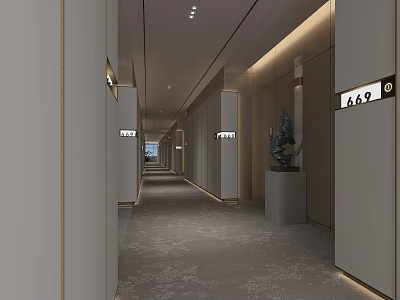 Modern Hotel Corridor Interior With Elegant Lighting Room Number Signs And Decorative Sculpture 3d model