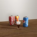 Three Branded Carbonated Soda Cans with Glass of Dark Drink on Wooden Table