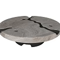 Round Wooden Coffee Table Featuring Unique Groove Patterns and Metal Base 3d model