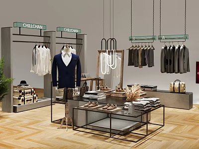 Fashion Clothing Store Interior Featuring Suits Shirts Shoes Handbags And Display Tables With Hanging Lights 3d model