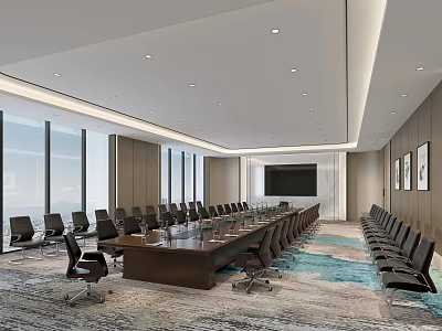 Modern Conference Room Interior With Long Wooden Table Black Chairs And Floor to Ceiling Windows 3d model