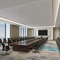 Modern Conference Room Interior With Long Wooden Table Black Chairs And Floor to Ceiling Windows