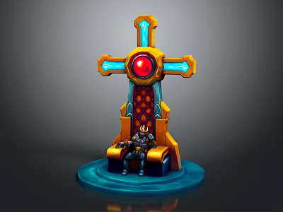 Decorative Throne With Seated Character Golden Frame Blue Accents Red Gem And Blue Base 3d model