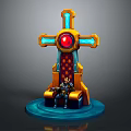 Decorative Throne With Seated Character Golden Frame Blue Accents Red Gem And Blue Base