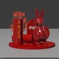 Red Rabbit Decorative Display with 2023 Pillar Association Elements and Red Plants 3d model
