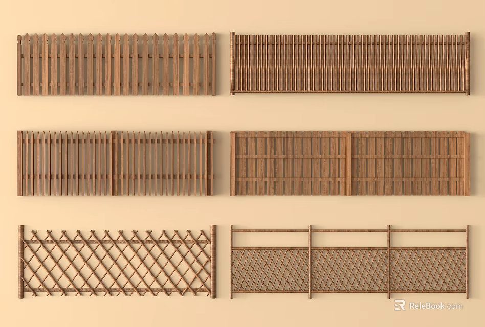 Different Wooden Railings Showcasing Slatted Lattice and Panel Design Variations 3d model