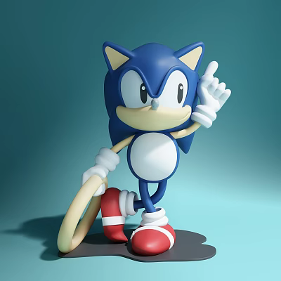 Sonic The Hedgehog Doll Blue Body Red Shoes Holding Yellow Ring With Waving Hand Gesture 3d model