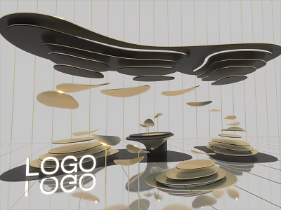 Modern Art Installation With Black And Gold Curved Layered Structures Hanging Elements And Reflective Floor 3d model