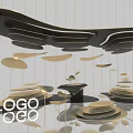 Modern Art Installation With Black And Gold Curved Layered Structures Hanging Elements And Reflective Floor