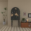 Artistic Console Cabinet Sideboard With Crane Floral Pattern Potted Plant And Wall Art