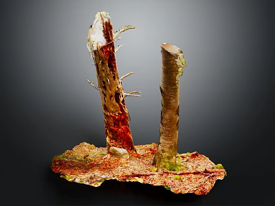 Natural Wooden Logs On Textured Stone Base With Red Brown And Green Mossy Accents 3d model