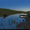 Peaceful Lake Scenery Featuring Red Brown Boats Pebble Shore Grass Green Woods And Blue Sky