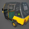 Vintage Yellow Green Black Tuk Tuk With Black Canopy Windshield And Yellow Wheels