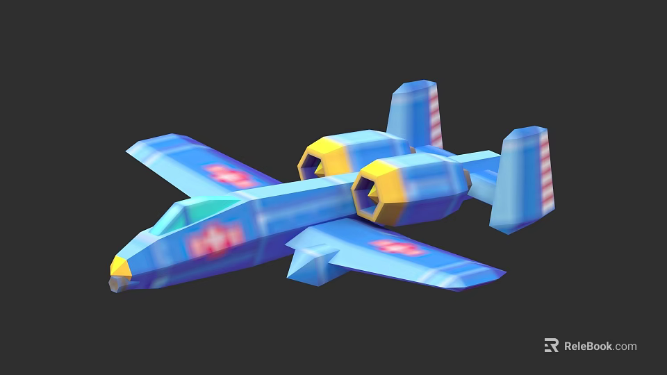 Cartoon Style Blue Fighter Jet With Yellow Engines And Red Patterns On Wings 3d model 