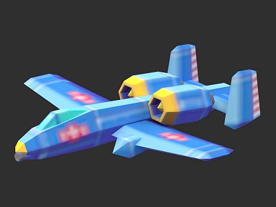 Cartoon Style Blue Fighter Jet With Yellow Engines And Red Patterns On Wings 3d model