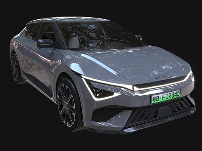 Silver Modern Electric Car With Sleek Body LED Headlights And Green License Plate 3d model