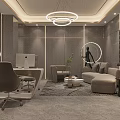 Modern Elegant Office Interior With Work Desk Computer Sofa Chandelier Round Mirror And Green Plant