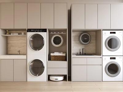 Modern Laundry Room Storage Cabinets With Washing Machines Dryers Sink And Gray Finish 3d model