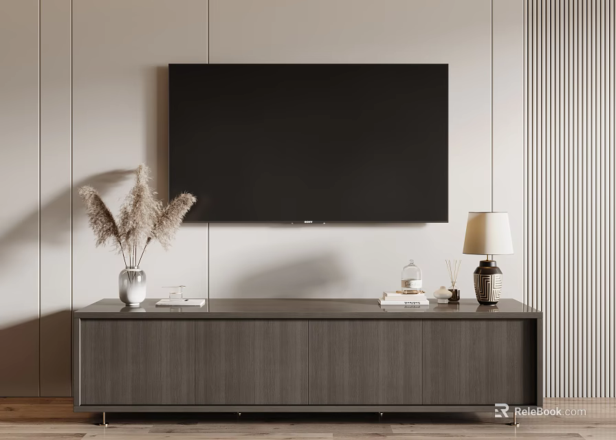 Modern TV Stand With Wall Mounted TV Table Lamp Dried Pampas Grass And Decorative Items 3d model 