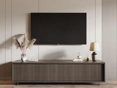 Modern TV Stand With Wall Mounted TV Table Lamp Dried Pampas Grass And Decorative Items 3d model