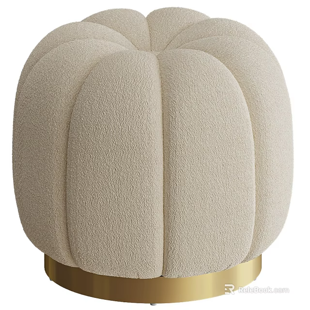 Beige Soft Pumpkin Shaped Stool With Textured Surface And Gold Base 3d model 
