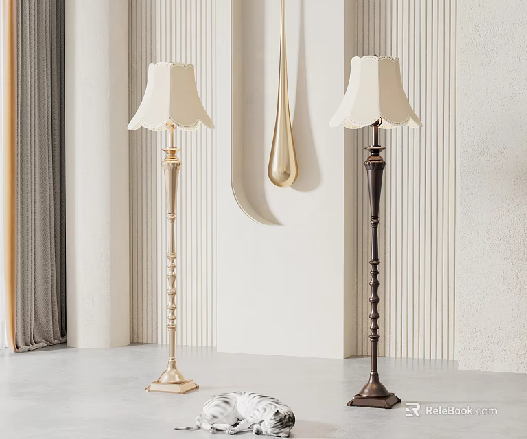 Elegant Modern Interior With Gold And Dark Brown Decorative Floor Lamps 3d model 