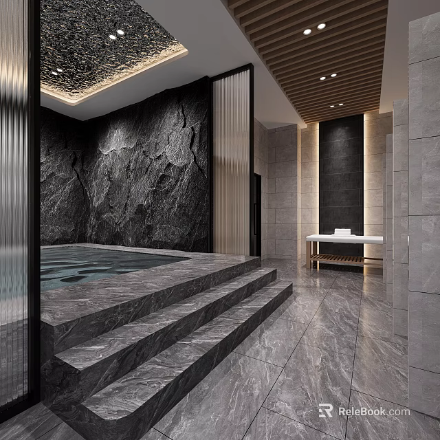 Modern SPA Sauna Space Featuring Stone Wall And Pool 3d model 