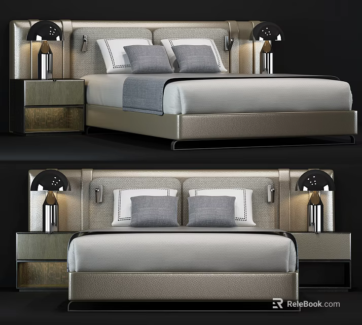 Modern Double Bed Interior With Bedside Tables Table Lamps And Pillows 3d model