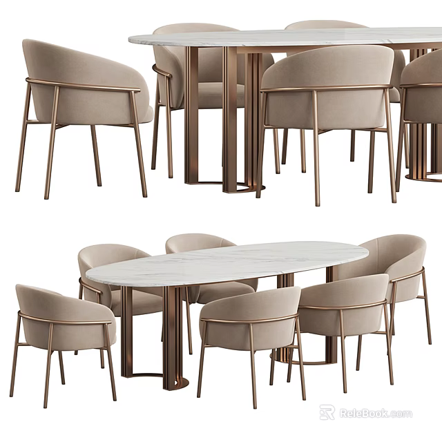 Elegant Modern Dining Table Set With Oval Marble Top And Beige Metal Frame Chairs 3d model