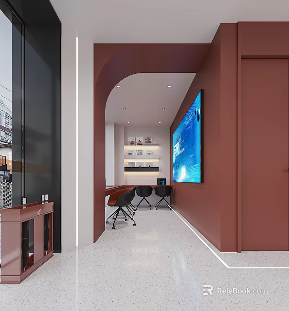 Modern Break Room Interior With Arched Wall Large Screen TV Bar Counter And Black Chairs 3d model 