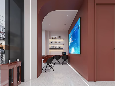 Modern Break Room Interior With Arched Wall Large Screen TV Bar Counter And Black Chairs 3d model