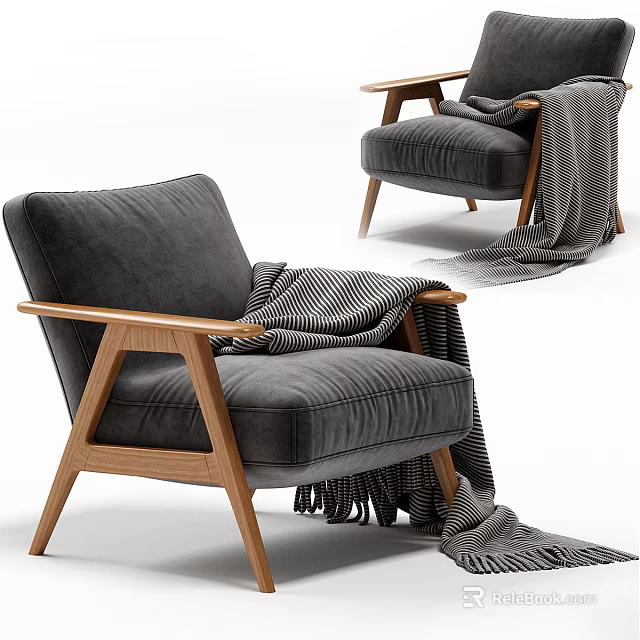 Stylish Gray Velvet Armchair With Wooden Armrests And Black White Striped Blanket Fringe 3d model 