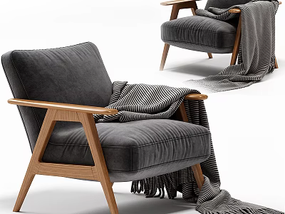 Stylish Gray Velvet Armchair With Wooden Armrests And Black White Striped Blanket Fringe 3d model