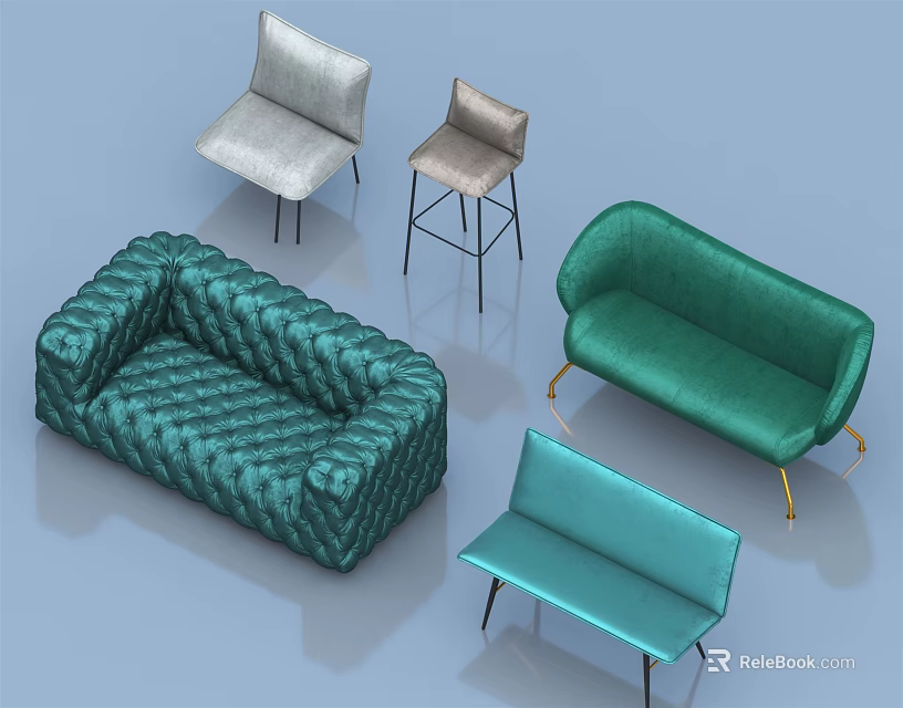Modern Sofa Set With Green Upholstery Different Designs And Accent Chairs 3d model