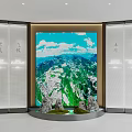 Modern Store Front Desk Design With Turquoise Circular Illuminated Decor And Shelves On Both Sides