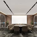 Modern Conference Room Interior With Long Table Comfortable Chairs Projection Screen And Patterned Carpet 3d model