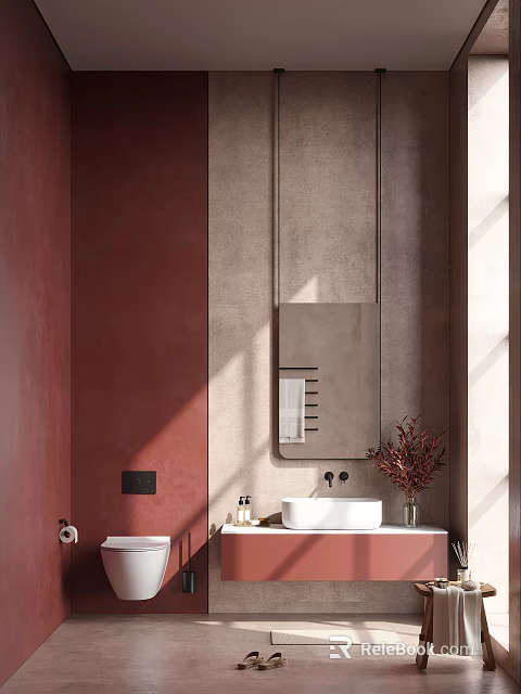 Elegant Modern Bathroom Interior With Pink Wall Gray Mirror White Sink And Potted Plant 3d model 