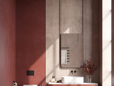Elegant Modern Bathroom Interior With Pink Wall Gray Mirror White Sink And Potted Plant 3d model
