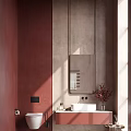 Elegant Modern Bathroom Interior With Pink Wall Gray Mirror White Sink And Potted Plant
