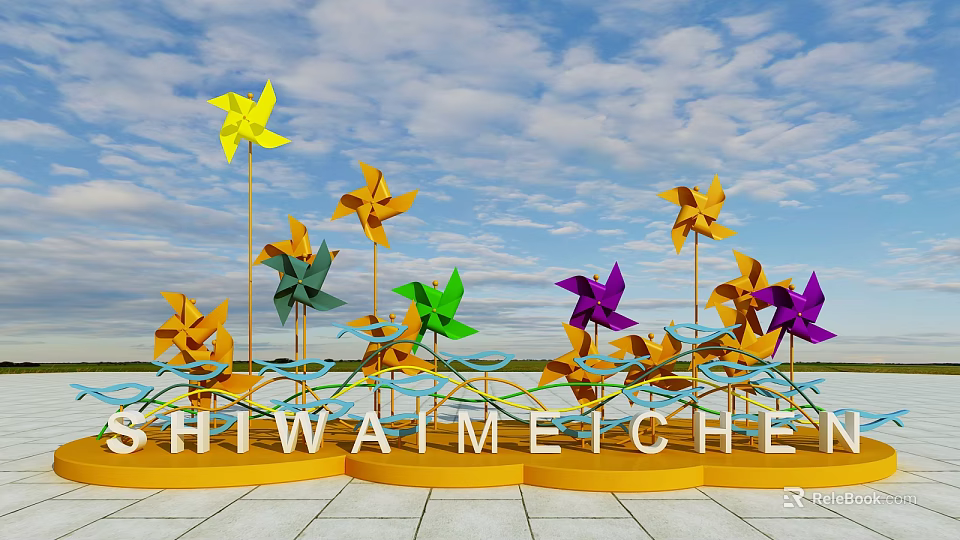 Colorful Windmills Outdoor Landscape With Blue Sky And White Clouds 3d model 