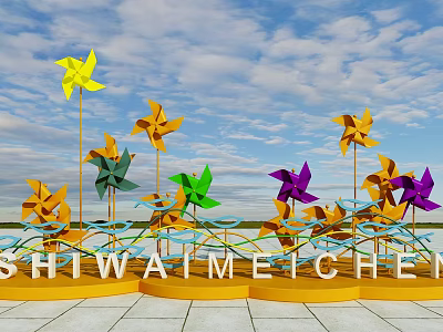 Colorful Windmills Outdoor Landscape With Blue Sky And White Clouds 3d model