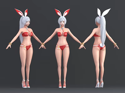 Female Character With Red Rabbit Ears Long White Hair And Red Bikini In Three Angles 3d model